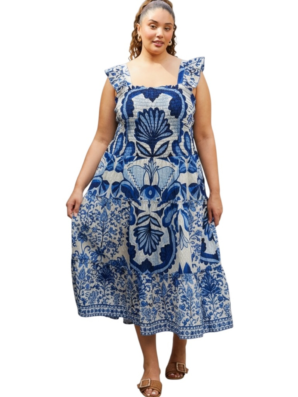 NWT Vince Camuto Blue White Floral Smocked Midi Dress 2X Plus Ruffle Sleeve